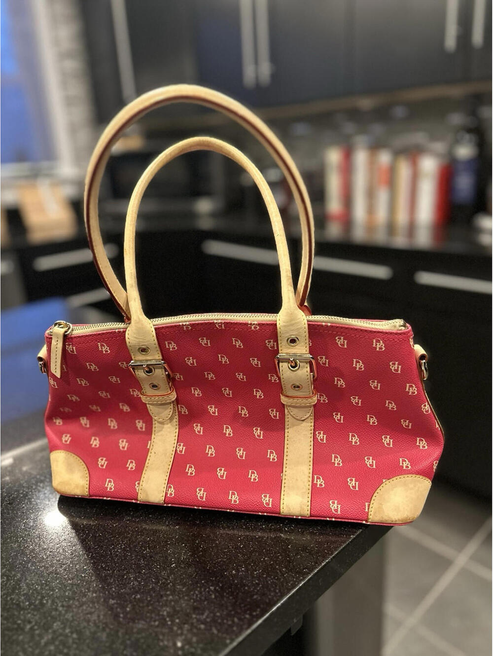 DOONEY & BOURKE BURNING RED W/ IVORY INITIALS DOME SATCHEL